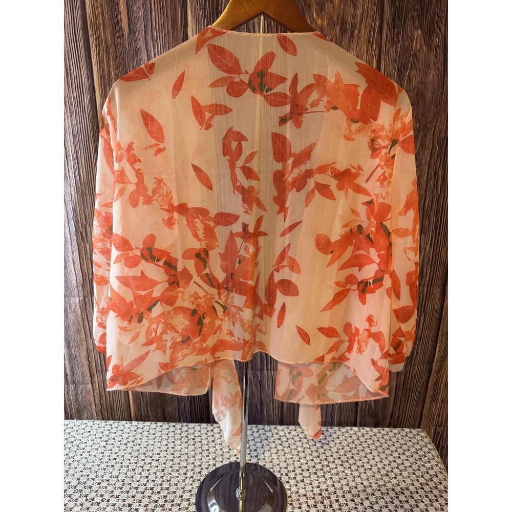 Floral Kimono Cardigan Womens XXL Orange Peach Leaf Print Sheer Open Front Wrap - Picture 2 of 7